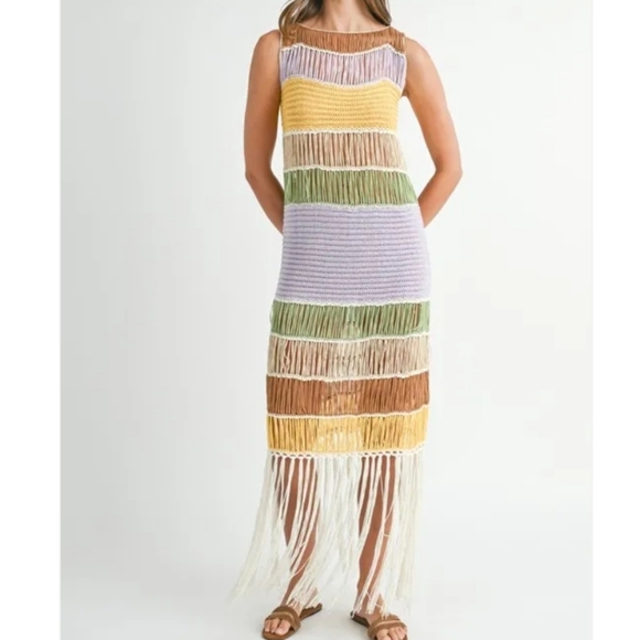 Mable Dresses & Skirts - NWT Mable Crochet Knit Multicolor Striped Fringe Maxi Dress L